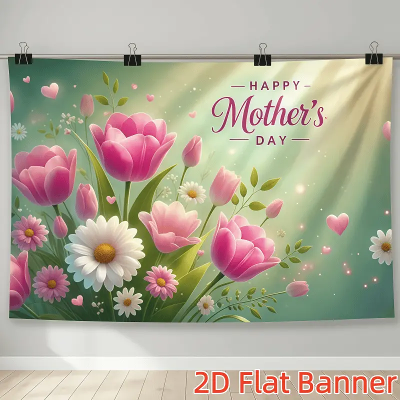 1PC 2D Flat Polyester Backdrop Banner - Romantic Pink Tulip & Daisy Bouquet Themed, Birthday Party Photography Hanging Decoration Cloth