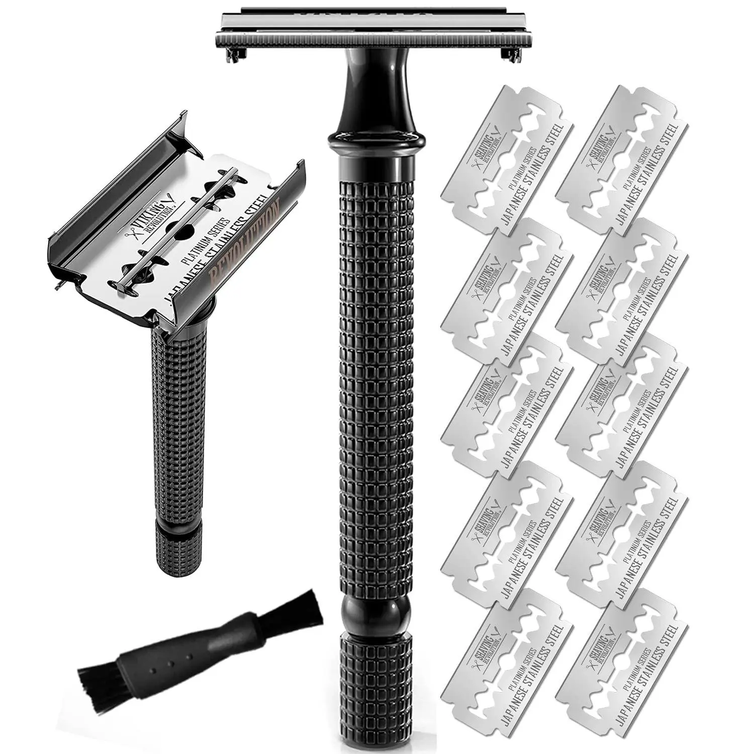 SHAVING Long Handle Double Edge Safety Razor - Butterfly Open Razor 10 Japanese Stainless Steel Double Edge Blades - Close, Clean Shaving Razor Men., Black Long Handle, 12 Piece Set Comfort