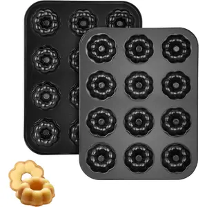 2 Pack 12 Cavity Mini Fluted Tube Bundt Cake Pan, Non-Stick Black Carbon Steel Baking Pan, Easy Release Bakeware for Oven Use, Ideal for Home Baking, Parties and Holidays