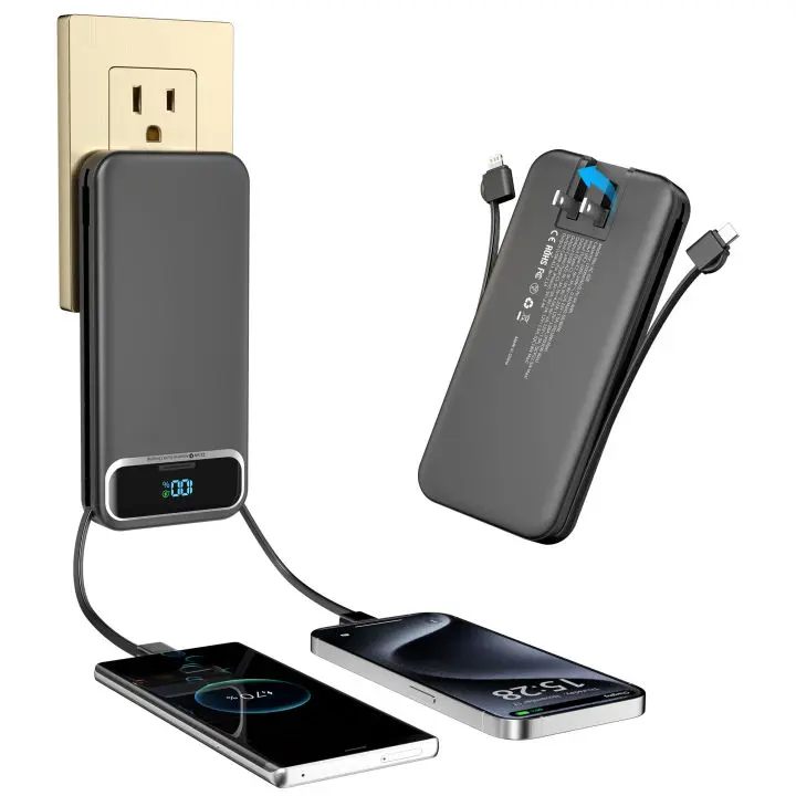 12000mAh 6-in-1 Folding Wall Plug Portable Charger, Chargeable Power Bank with Built-in Cables, Fast Charging Smartphone Accessory, USB-C Compatible, 5-Device Simultaneous Charging for iPhone Samsung, Travel Essential