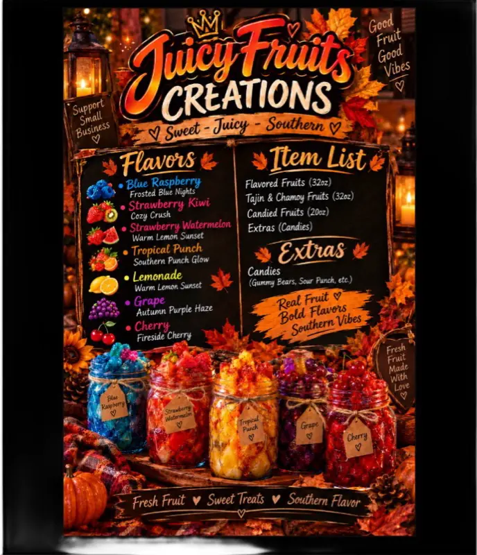 Juicy Fruits Creations - Sweet Juicy Southern Flavors with Blue Raspberry, Strawberry Kiwi, and more - Fresh Fruit Treats