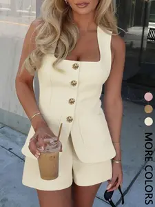 Summer Square Neck Belted Vest + High Waist Wide Leg Shorts Set, Women's Elegant Fitted, OL Style Slimming Two-Piece Set, Suits