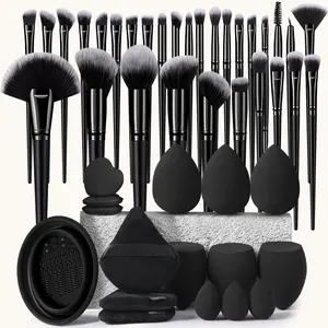 46PCS All-Round Makeup Tools Set, 30PCS Professional Makeup Brushes, 6 Regular Makeup Sponges, 3 Mini Makeup Sponges, 3 Triangle Powder Puffs, 3 Mini Air Cushion Puffs and Makeup Brush Cleaning Tool, Multipurpose Beauty Accessory Kit for Daily Makeup
