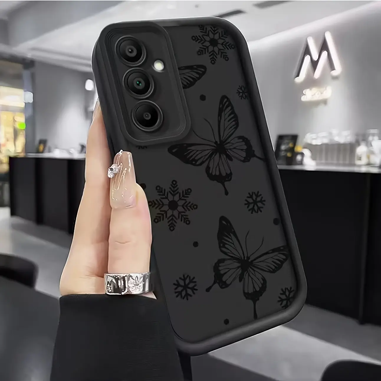 Shockproof Silicone TPU Smartphone Case, Lightweight Minimalist Delicate Hollowed-Out Black Butterfly Design with Lens Protector for Samsung Galaxy S26 S25 S24+ S23 S22 S21 Ultra FE Note20 A54 A53 A52 A36 A35 A34 A33 A17 A16 A15 A14 A13