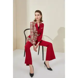 Red Checkered Color-block Pantsuit