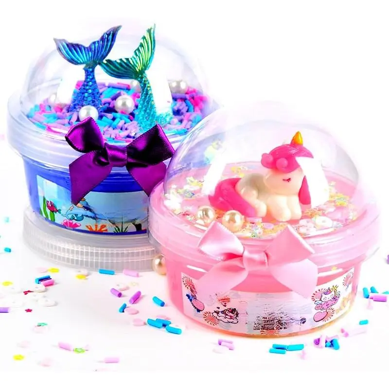 Butter Slime kit, 2 Pack Clear & Fluffy Slime for Kids, Unicorn Mermaid Theme Party Favors with 6 Slime add ins, Unicorn Kids Toy Birthday Gifts for Girls Age 8-12