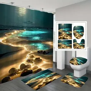 1/4 pcs Fantasy Glowing Beach Pattern Design, exquisite shower curtain set, non-slip mat, U-shaped rug, toilet seat cover, perfect for bathroom décor, beautifies the space, includes 12 shower curtain hooks.