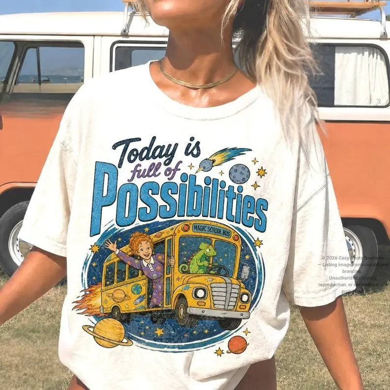 Comfort Colors Magical School Bus Shirt, Vintage Teacher Graphic Tee, Today Is Full Of Possibilities T-Shirt, Retro Classroom Gift Apparel