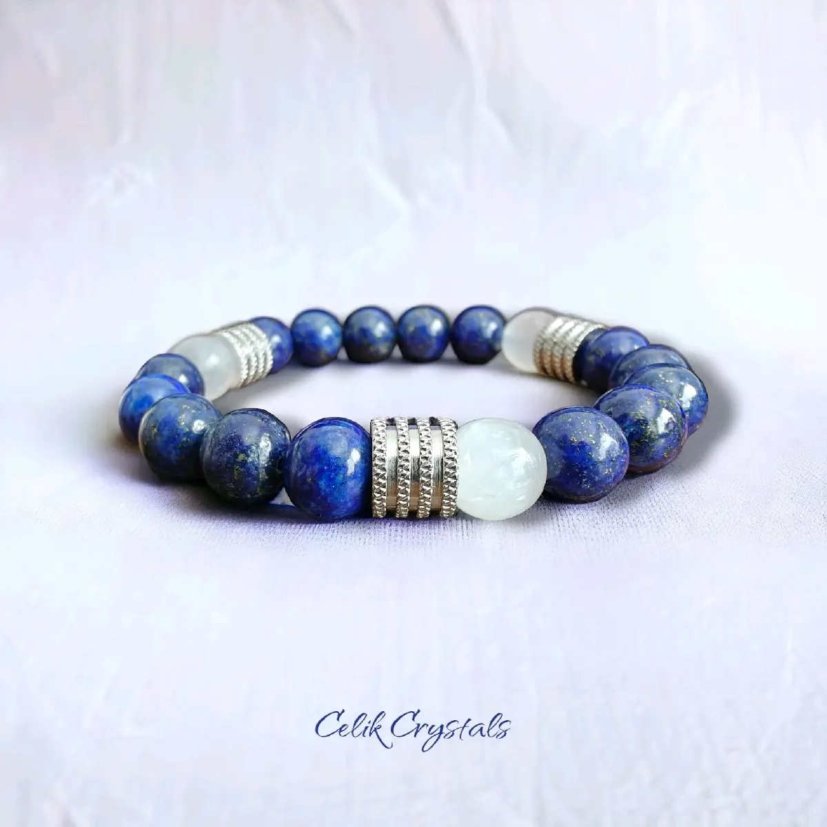 Celik Crystals Men's 10mm Stretch Natural Lapis Lazuli Selenite Original Bracelet, Spiritual Intuition Third Eye Healing Jewelry, Original Bracelets
