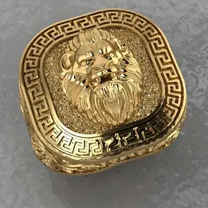 Vintage Style Men'S Wide Band 18K Gold Plated Copper Ring with Lion Carving, Punk Rock Single Ring