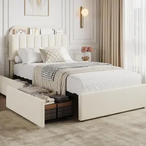 Twin Bed Frame with Storage Headboard, Kids Bed Frame with 2 Drawers, Boucle Upholstered Platform Bed with Bookcase, No Box Spring Needed, Easy Assembly, Ivory White