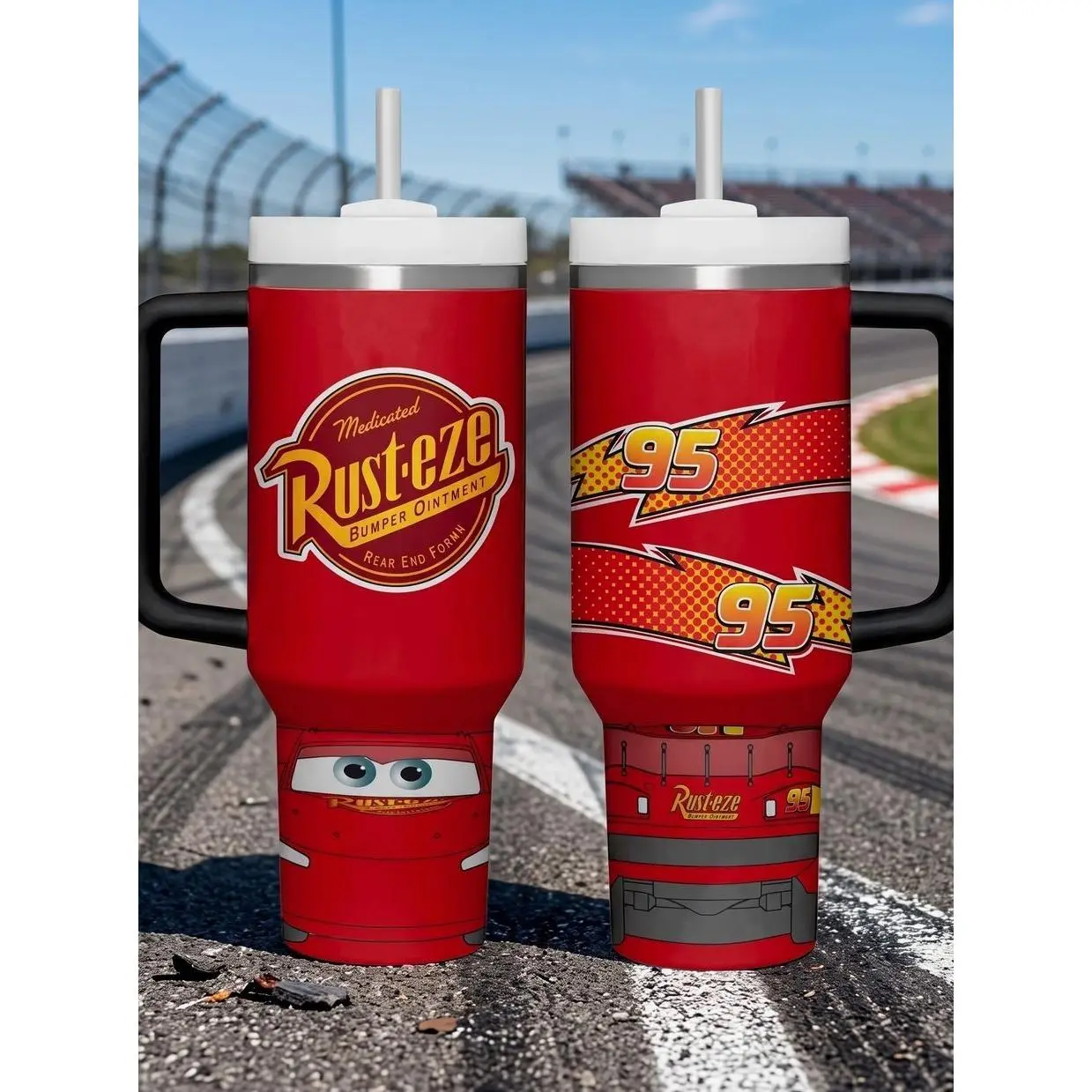 Lightn' M.cqueen Racing 40oz Tumbler with Handle and Straw, Stainless Steel Travel Mug, Birthday Gift for Car Lovers