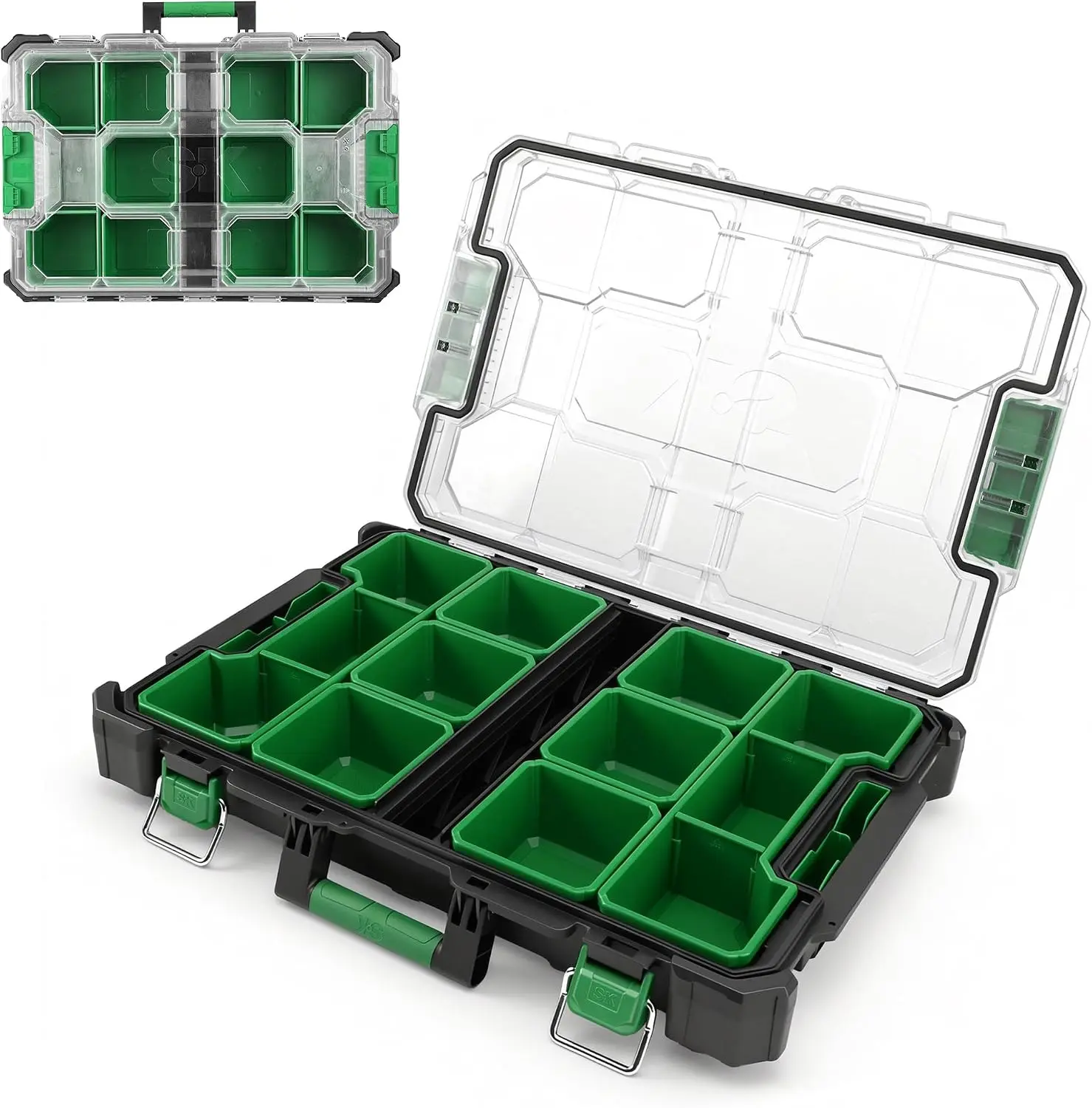 SK 20.5-Inch Small Part Organizer, Portable Tool Box Organizer, IP65 | Stackable Tool Box, 15 Compartments and Removable Dividers, Waterproof & Impact-Resistant, for Small Tools and Accessories