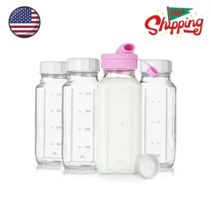 4 Pack 16 Oz Square Glass Milk Bottle with A Silicone Dispenser Cap