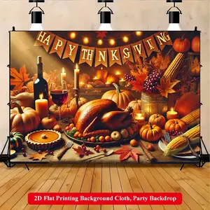 2D Flat Printing Backdrop Banner 1pc, Festive Thanksgiving Dinner Setting Vibrant Polyester Background Cloth for Family Party, Wedding, Birthday, Christmas, Thanksgiving, Fall, Entryway, Room Decorations, Easy to Set Up, Reusable