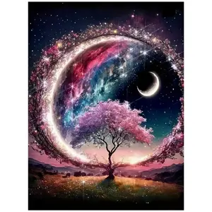 Cherry Blossom Tree with Cosmic Ring and Moon, Multiple sizes available including round diamonds, Diamond Pattern Design. This 5D DIY diamond painting set diamond art embroidery kit furniture decor holiday birthday art gift