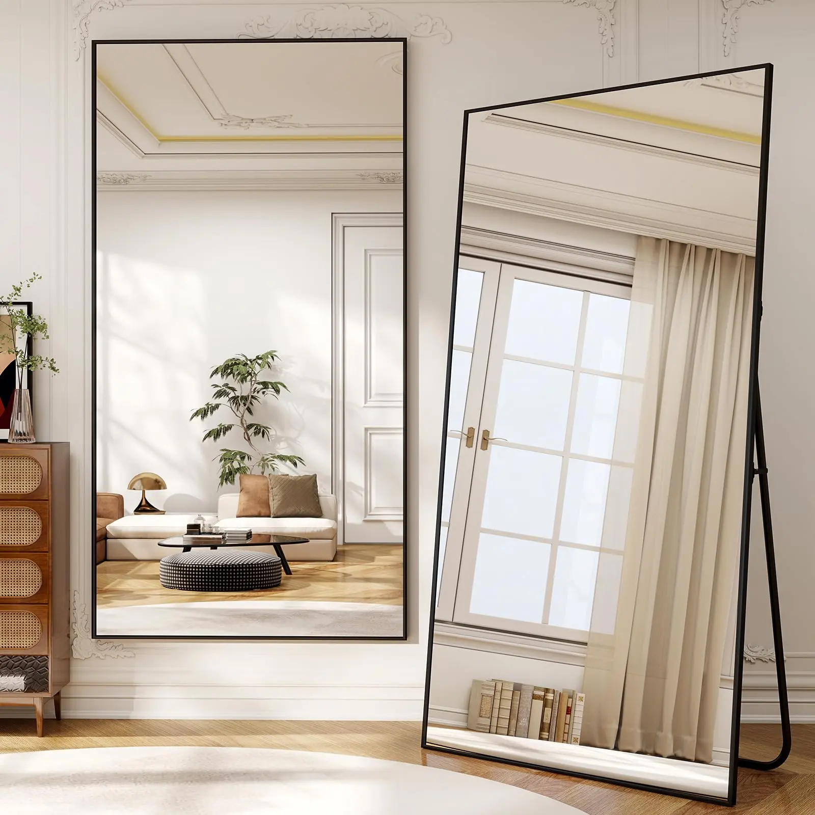 78x38in Elegant Oversized Full Body Mirror - Black Rectangle, Aluminum Alloy Frame, Leaning Stand & Wall-Mount Option, Decor for Bedroom/Living Room Makeup Vanity Indoor Furniture