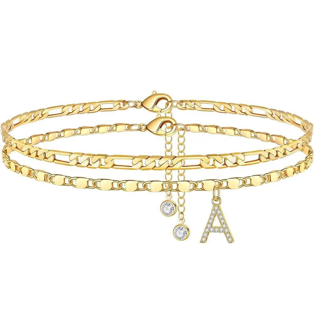 Ankle Bracelets for Women, Gold-Plated Dainty Layered Chain A Initial Anklets Set Summer Jewelry Gifts for Women
