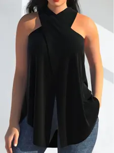 Loose Fit Irregular Neckline Casual Beach T-Shirt, Comfortable Summer Top for Women, Stylish and Breathable Fabric, Style, Casual Chic Sleeveless
