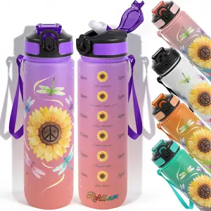 1pc,32oz Water Bottle Sunflower Peace Sign Dragonflies Design Design Durable  Leak-Proof 1000ml Time Marker Water Bottle - Shatter-Resistant for Sports, Fitness, Hiking & Outdoor Travel - Large