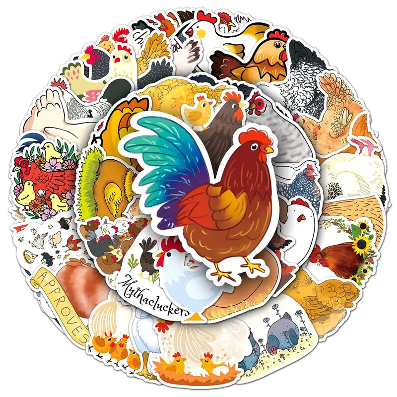 50pcs Cartoon Chicken Sticker Set, Scrapbooking & Journal Making DIY Craft Paper, PVC Waterproof DIY Decorative Sticker For Stationery Computer Water Bottle Skateboard, DIY Crafts Stickers