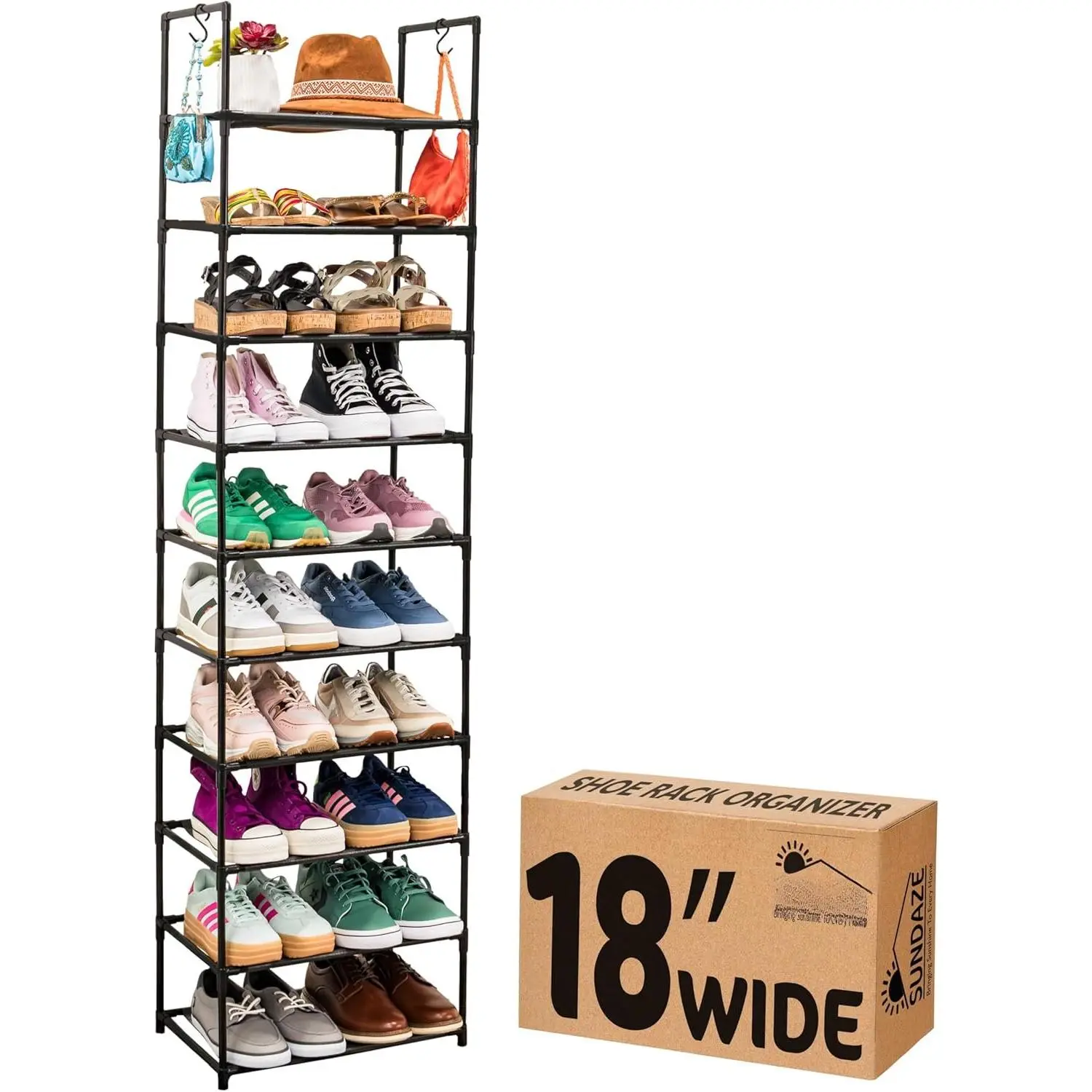 Shoe Rack - 10 Tier Tall Shoe Rack for Closet, Sturdy Stackable Shoe Organizer for Closet, Bedroom, Entryway, Garage, Non Woven Fabric Shelf, Black, Holds 20-30 Pairs