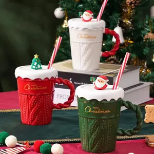 Creative Christmas Mug Christmas Tree Ceramic Water Cup High-Value Sweater Lid Straw Ceramic Cup Couple Cup Funny Mug
