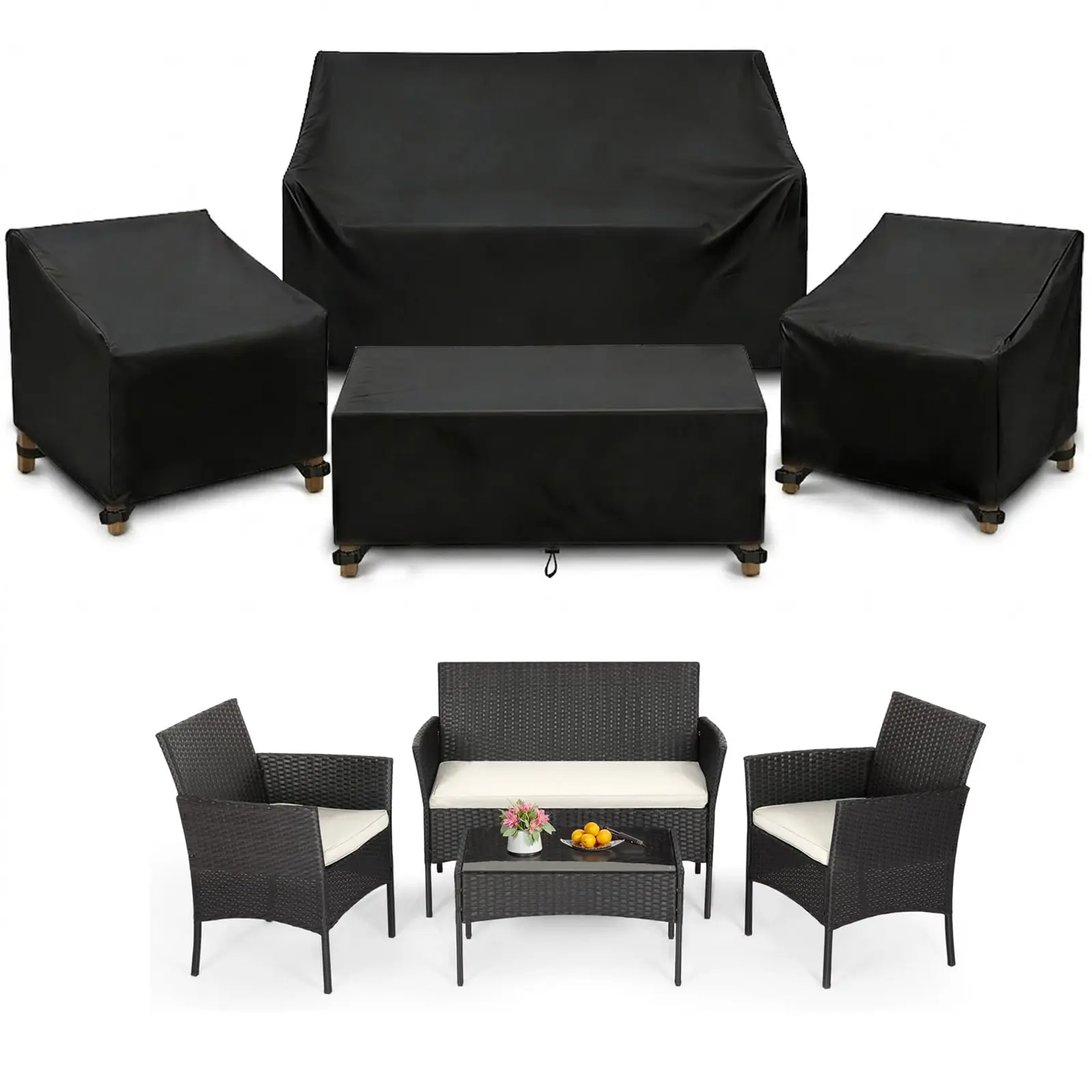Patio Furniture Set Covers 4 Piece, 420D Oxford Waterproof with Drawstring, All-Weather Covers for Loveseat, Chair & Coffee Table, UV Protection for Patio & Deck
