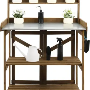 Folding Garden Potting Bench Table，Outdoor Wooden Work Station W/Metal Table Top,2 Tier Open Storage Rack,Top Shelf-Natural Stained