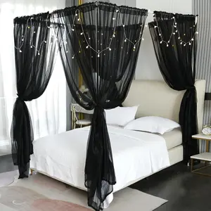 for Girls Room Bed Curtains Elegant Sheer for Twin Full Queen King Size Bed Drapes,8 Panels Canopies with Light,Room Décor(Full/Queen,Black)