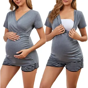 Maternity Nursing Pajama Set,Short Sleeve Breastfeeding Shirts & Pregnancy Shorts with Pockets 2 Piece Nursing PJS