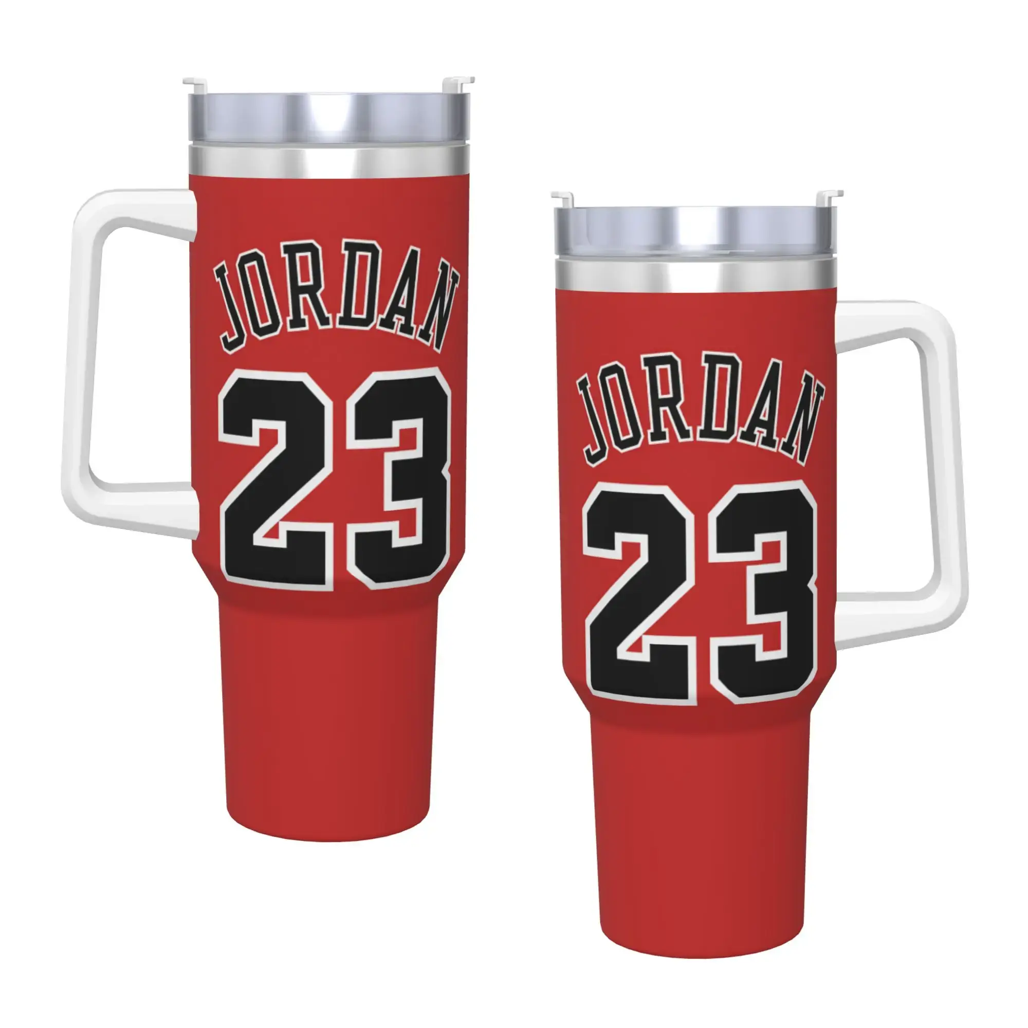 40oz Red Jordan 23-Inspired Stainless Steel Travel Mug, Insulated Basketball Jersey Tumbler with Handle & Straw, Retro Sports Fan Gift for Game Day & Everyday Use