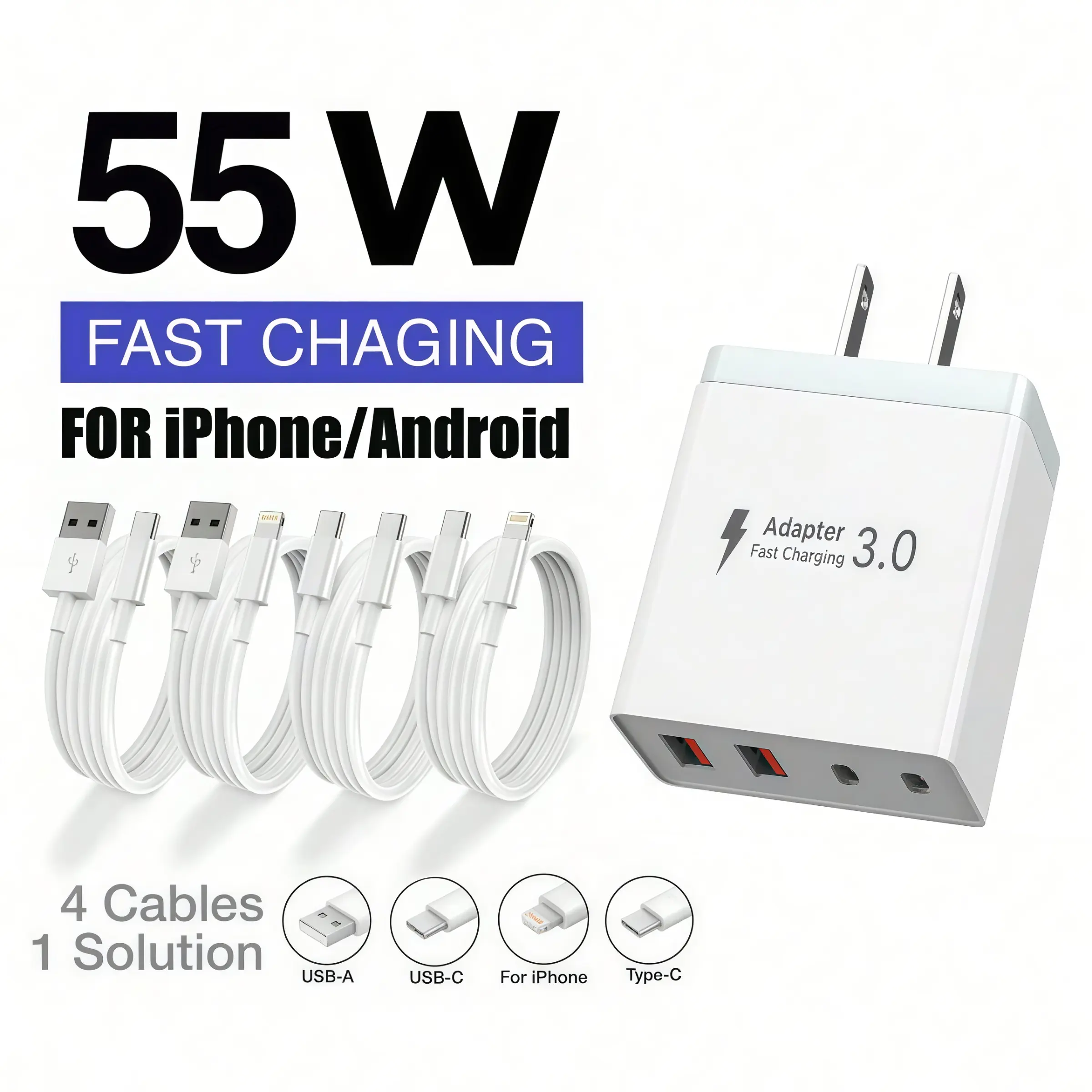 55w Super Fast Charger with 4 Ports, 2 USB-A + 2 USB-C, Compatible with iPhone & Samsung, Ideal for Home Office Travel