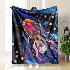 Fantasy Ocean Adventure Flannel Throw Blanket, Dreamy Boat Sailing Pattern, Ultra Soft Lightweight Breathable Wrinkle Resistant, 30*40inch (Small for Babies), 60*80inch (Large for Adults), Ideal for Living Room Sofa, Business Trips, Travel Camping