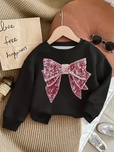 Girls' Faux Sequin Bowknot 3D Printed Round Neck Sweatshirt, Soft Polyester Knit Long Sleeve Casual Style, Fall/winter Wear