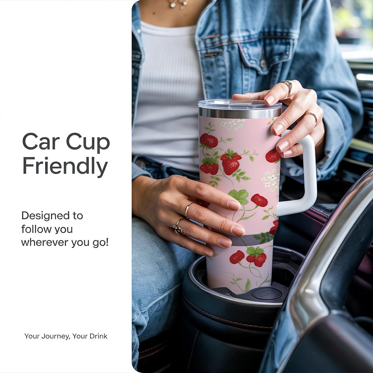 30 oz Sweet Strawberry Insulated Tumbler, Pastel Pink Travel Mug with Vintage Berry & Floral Print, Comfort Handle & Straw, Strawberry Girl Aesthetic Water Bottle, Perfect Gift for Her