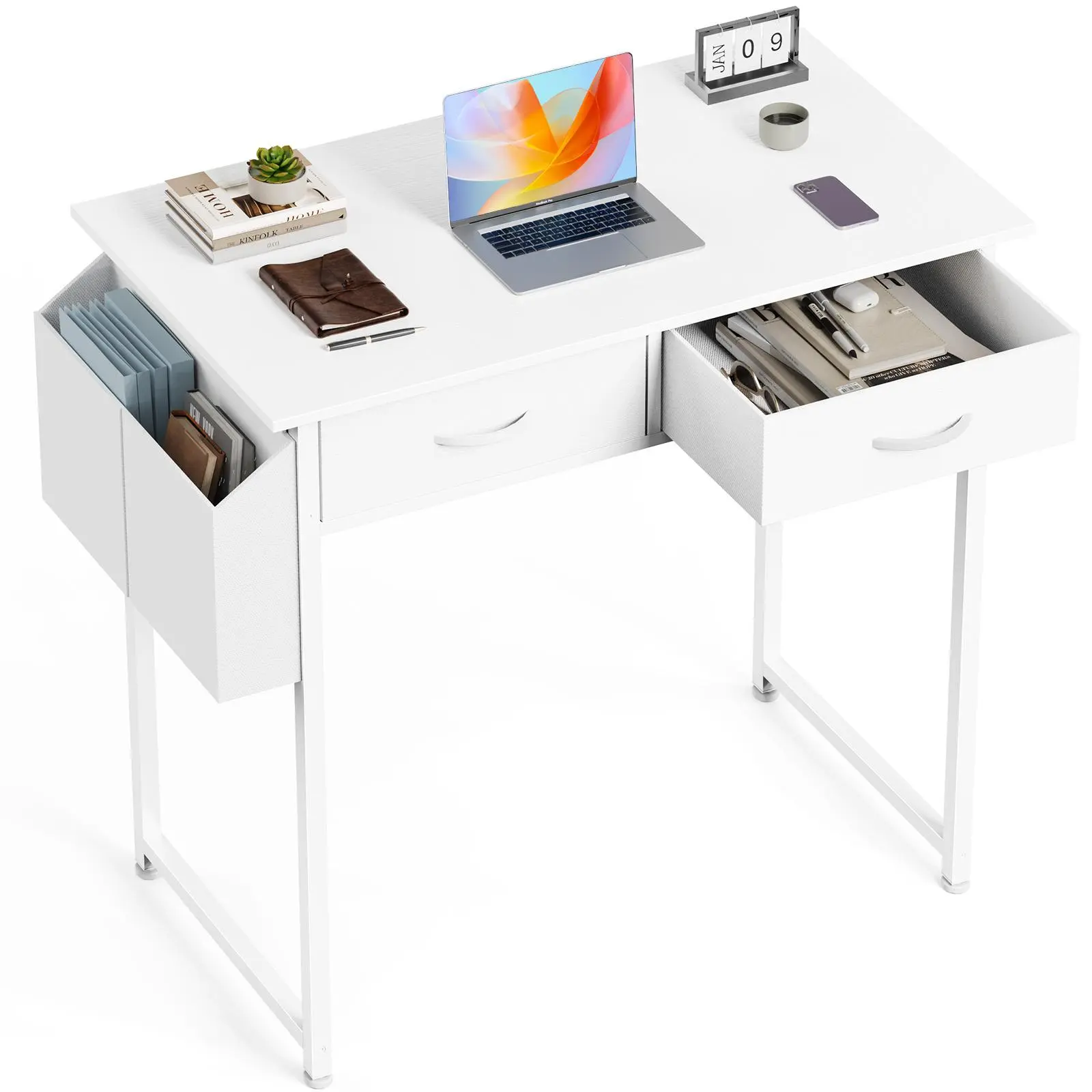 Computer Desk with Storage Side Bag & Headphone Hook, Home Office Writing Study Table with Metal Frame and Adjustable Feet for Bedroom & Workspace