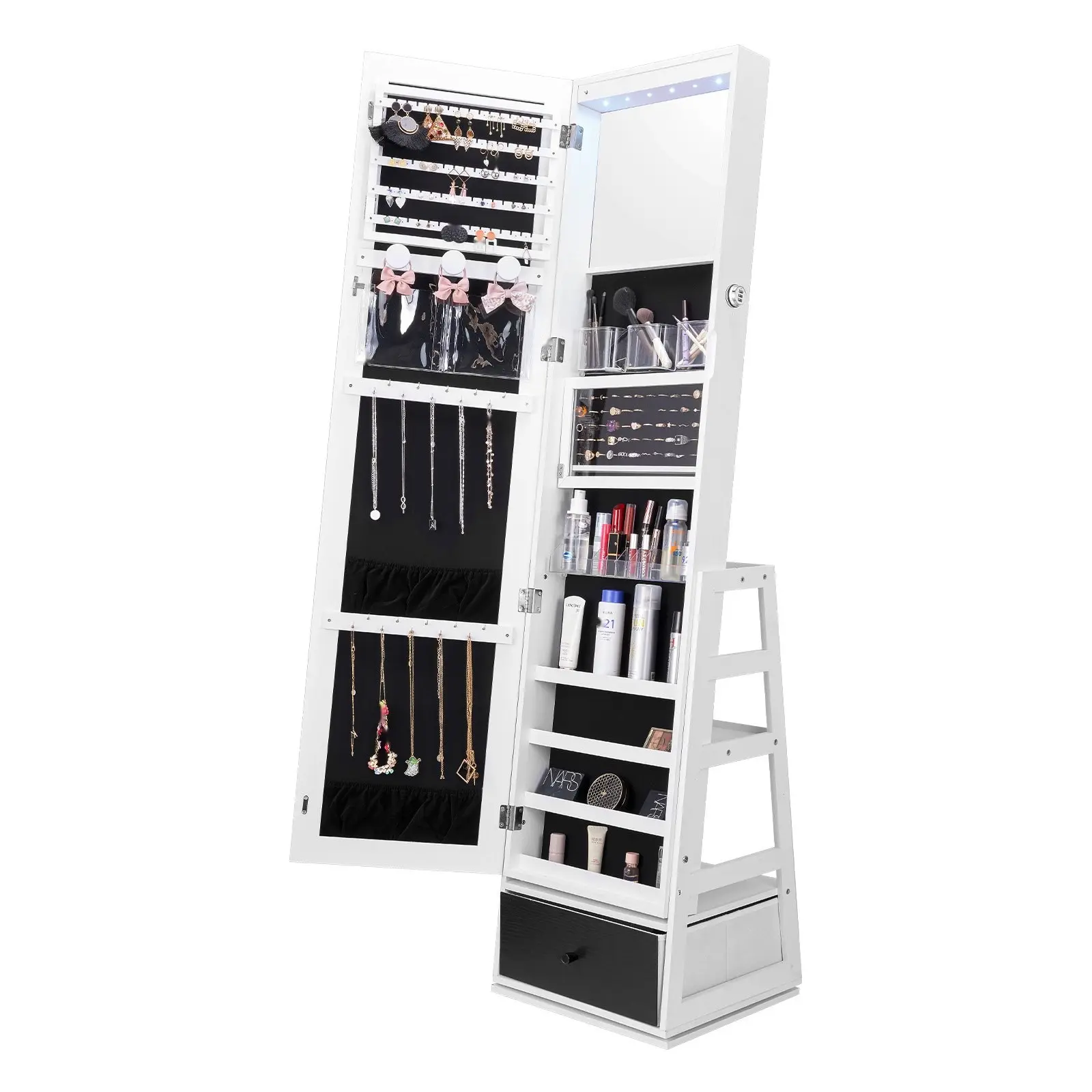 Free Standing Jewelry Cabinet and Full Length Mirror with 360° Swivel Viewing, Hidden Storage Compartments for Earrings and Necklaces, White Vanity Cabinet for Makeup and Organization, Space Saving Design