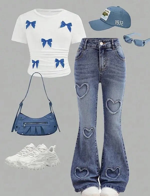 Y2K Girls' High Waist Flared Jeans, Stretchy Cotton Denim with Heart Cutouts for Ages 8-12 Years, All Seasons Wear, Denim Jeans, Stretchy Waist, Denim Look Jeans, Button