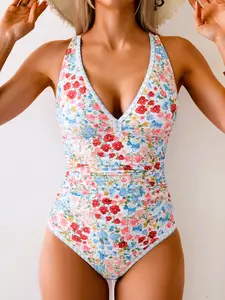 One Piece Swimsuit for Women Tummy Control Ruched Bathing Suit Push Up Tie Back Swimwear Shell Stitched,Casual Fashion Swimwear Set for Beach Holiday Vacation