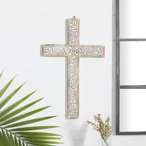 Biblical Brown Mango Wood Carved Cross Home Wall Decor