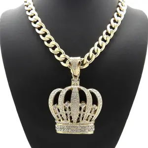 Men's Hip Hop King Crown CZ Large Pendant 10mm 18" 20" 24" 30" Cuban Chain Necklace Jewelry Gold / Silver Tone Fashion Accessory