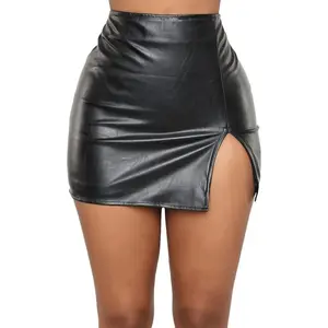 Women PU Leather Bodycon Short Skirt High Waisted Stretchy Asymmetrical Split Hem Hip Wrap Mini SkirtGift