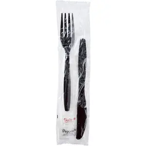 Karat [ 250 ct ] Black Wrapped PS Plastic Cutlery Set with Napkin (Knife, Fork, 1-ply Napkin, Salt & Pepper) U2208B