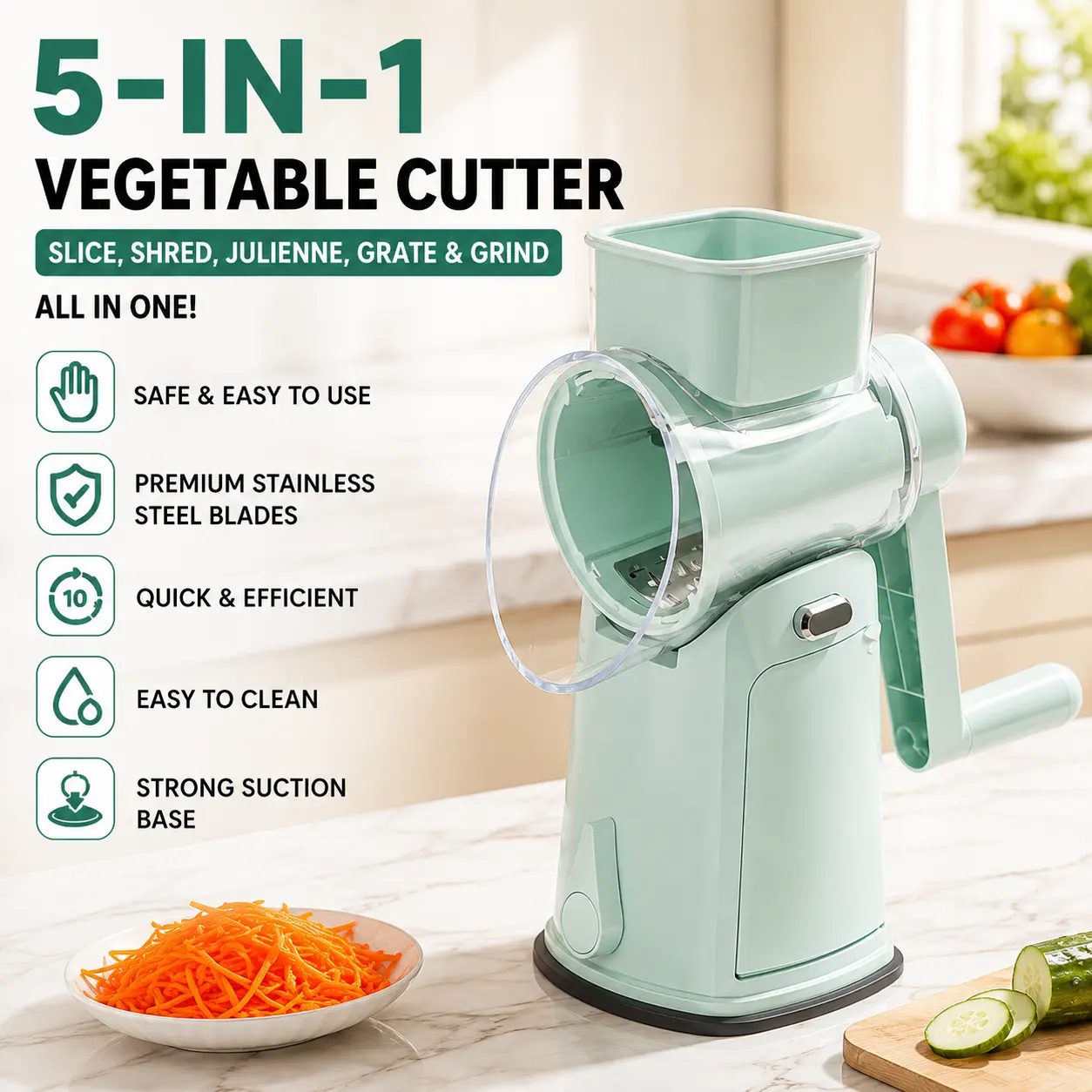 Hand Crank Rotary Cheese Grater, Multi‑Function Vegetable Slicer Shredder with Interchangeable Blades for Home Cooking