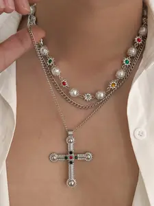 Vintage Punk Style Cross Pendant Necklace Set, Colorful Zircon & Imitation Pearl Design, Unisex Alloy Chain Jewelry, Cuban Link Chain