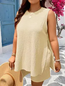 Women's Summer New Basic Crop Top & Shorts Set, Loose Fit Plain Color Casual, Large Size Fashion Clothing Outfit