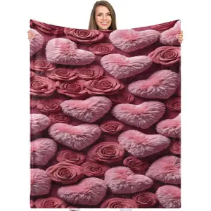 Soft Plush Heart Print Blanket, Flannel Throw Blanket, Cozy Knitted Blanket for Home Office Travel Camping