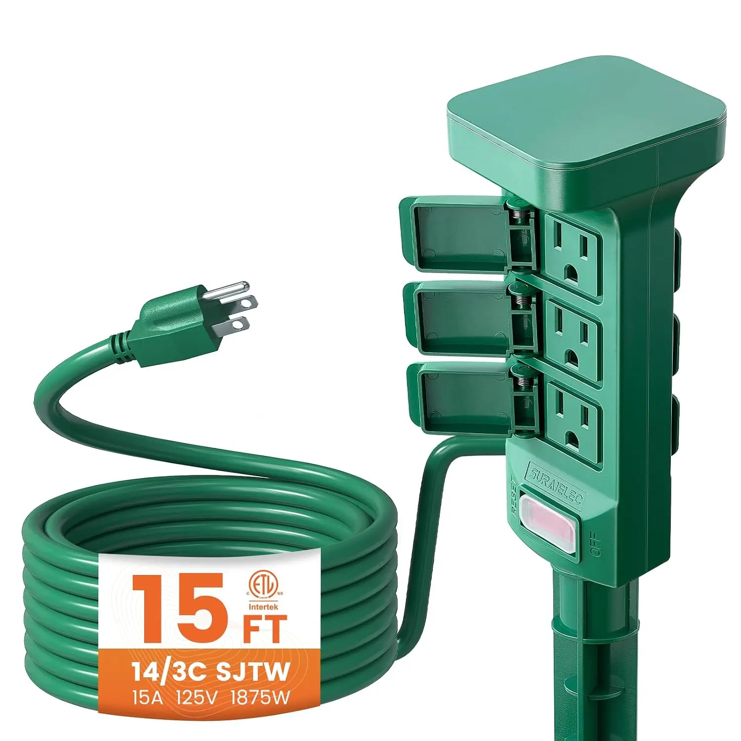 SURAIELEC 15FT Outdoor Power Stake Waterproof, 6 Grounded Outlets Power Strip Weatherproof, 15FT Extension Cord Outlet for Yard, Garden, Christmas Decoration, Patio, Outdoor Light, 1875W/15A, Green