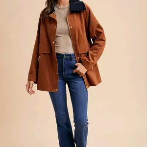 Women's Cognac Cotton Barn Jacket Utility Style with Front Pockets and Snap Buttons